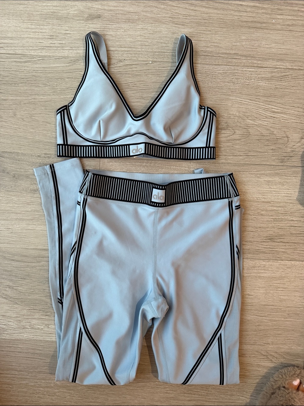 ALO Yoga Light Gray Sports Bra & Biker Short Set with Black Piping